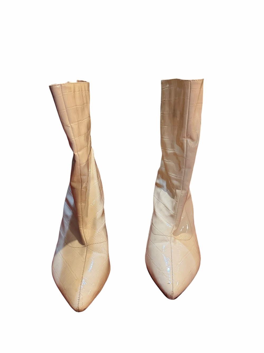 Beige Croc-Embossed Pointed Toe Knee Boots